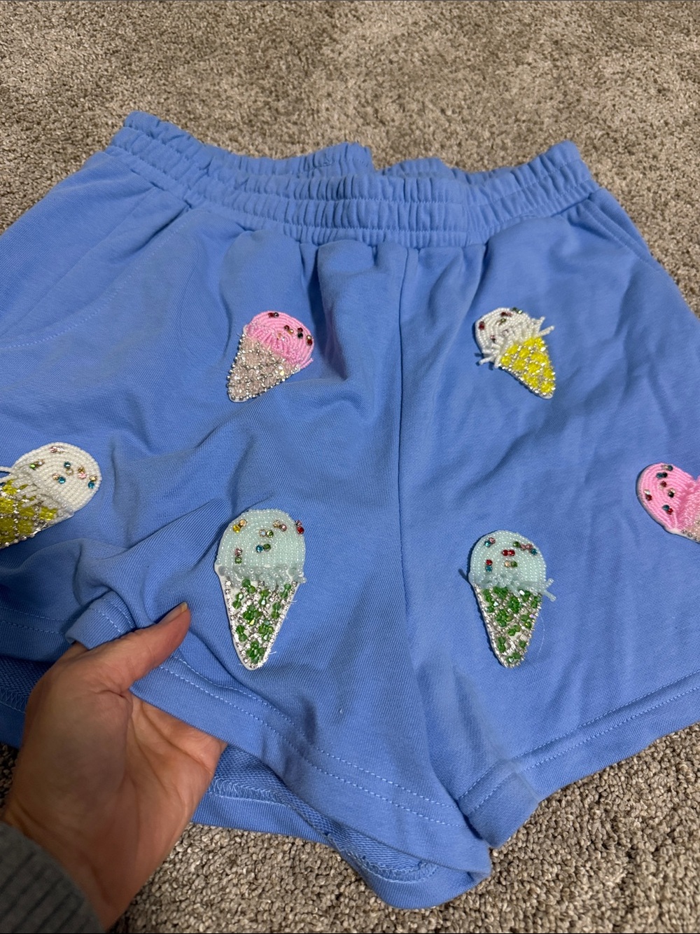QUEEN OF SPARKLES Light Blue Kids Shorts with Multicolor Ice Cream Appliqués